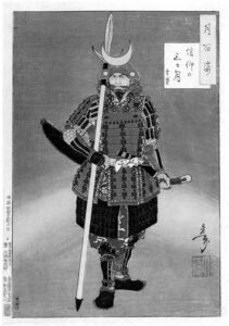 a painting of a man in armor, holding a long spear
