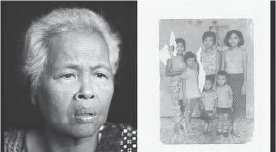 Image from left to right: a old woman, old picture of a six people family