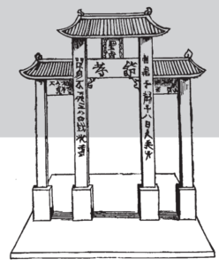 A line drawing of a door with some Chinese words