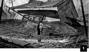 Picture shows mother holding her newborn baby in front of the destroyed family business