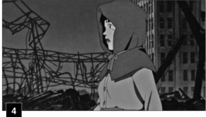 The picture shows a girl looking at the destroyed buildings in surprise