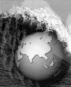 illustration of a wave overtaking a globe