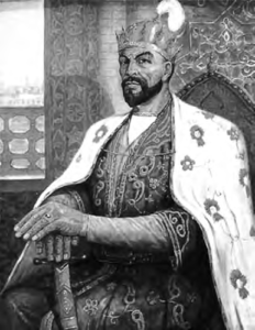 Portrait of Amir Timur, a middle-aged man in full imperial regalia. 