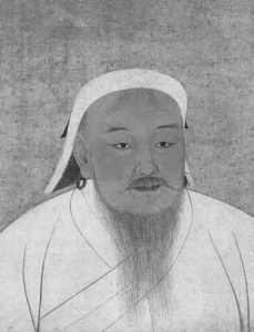 painting portraying Chinggis Khan as a middle-aged man with a long beard. He is depicted wearing a cap, and the painting adopts a minimalist style, evoking a sense of the nomadic lifestyle. The artwork captures the essence of Chinggis Khan's commanding presence and signifies his historical significance as a revered figure in Mongolian culture and history.