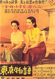 Film poster for the 1953 hit film "Tokyo Story." On the cover two young adult women in shirts and skirts sit on the a porch watching the sunset. 