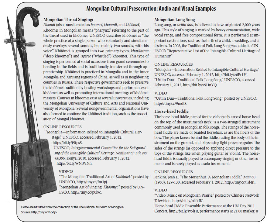 photo with a description of a mongolian cultural preservation: audio and visual examples