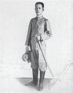 President Aguinaldo as a middle-aged man holding a sword and a military hat. 