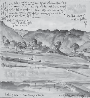 Line drawing of Mai Chau rice fields with some texts