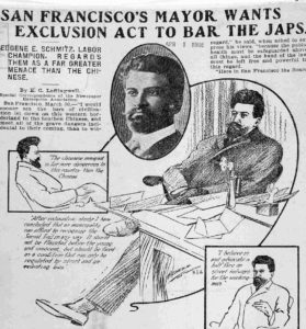 a newspaper illustration about "San Francisco's mayor wants exclusion act to bar the japs"