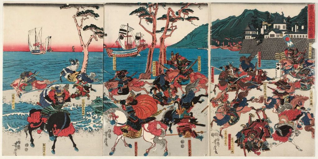 A print depicting The Battle of Ichinotani (寿永三年一ノ谷合戦) in 1184. The painting shows Japanese forces on horseback running into the water to confront navel forces.  This was a Taira defensive position at Suma during the Genpei War (1180–1185), a national civil war between the Taira and Minamoto clans during the late-Heian period of Japan. The Taira suffered a crucial defeat to the forces of Yoshitsune and Noriyori. The death of Taira no Atsumori at the hand of Kumagai no Naozane is a particularly famous passage in Tales of the Heike (Heike Monogatari).