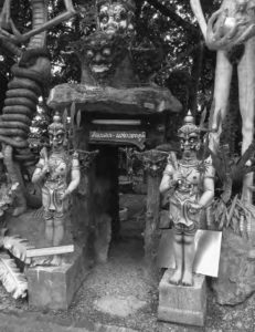 Entrance to Hell Park. Wat Mae Kaet Noi is a stunning example of a 'hell garden' or 'hell temple'. It has the trappings of a usual temple, but the real reason people come is to see the (usually graphic) images of people suffering based on their sins. 