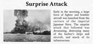 A fictitious history textbook passage. The text discusses the Japanese surprise attack on Pearl Harbor. 