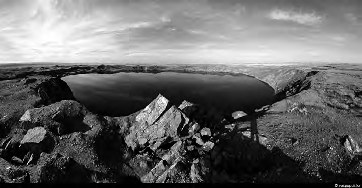 Semipalatinsk nuclear test site, Kazakhstan. Crater from the nuclear testing now field with water. 