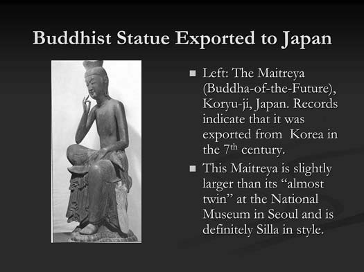 A slide in the curriculum guide, displaying the photo of and info on a Buddhist statue exported to Japan.