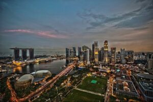 a city skyline at dusk