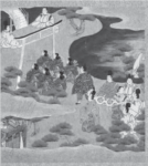 A painting depicting worshipers at the Sumiyoshi Shrine, as imagined in the Tale of Genji. The artwork showcases a flowing river in the background, while a serene Japanese landscape dominates the foreground, creating a harmonious and culturally rich scene.