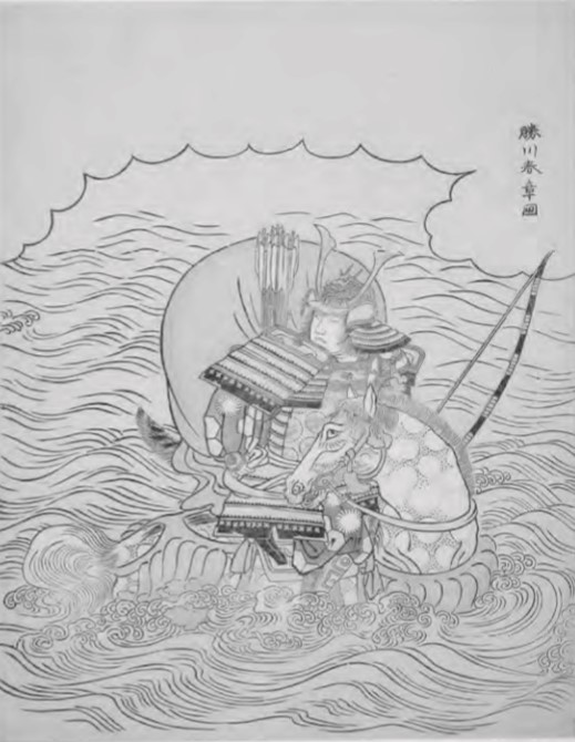painting of a man in samurai armor on a horse in the water