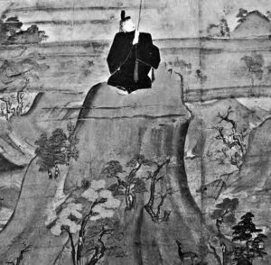 a painting of a man on a mountain