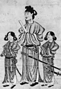 painting of a man in robe with two women in robes on each side of him