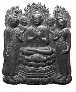 carving of a buddha and other four other figures