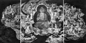 a painting in three parts of the buddha
