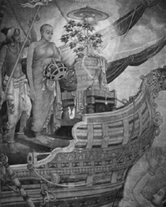 an image of a man in robed on a ship with a tree, being worshipped by those on land