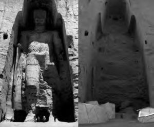 two photos: on the left is a buddha statue carved into a rock wall. the second photo on the right is an empty spot where the statue was