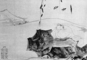 illustration of a man sleeping on a rock, with butterflies above his head