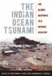 Book cover of "The Indian Ocean Tsunami." Book image shows a small village scene. 