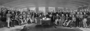 painting of a room full of military men