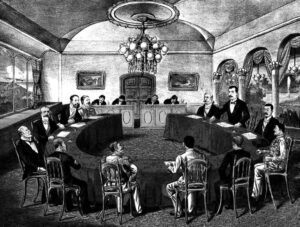 illustration of many men around a horse-shoe shaped table