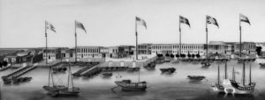 painting of a harbor with many country flags and boats