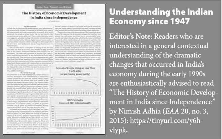 Understanding the Indian Economy since 1947 Editor’s Note: Readers who are interested in a general contextual understanding of the dramatic changes that occurred in India’s economy during the early 1990s are enthusiastically advised to read “The History of Economic Development in India since Independence” by Nimish Adhia (EAA 20, no. 3, 2015): https://tinyurl.com/y6hvlypk.