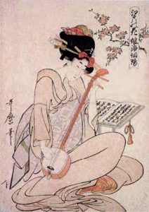 illustration of a woman playing a samisen