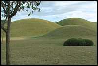 Korean burial mounds on grassland.