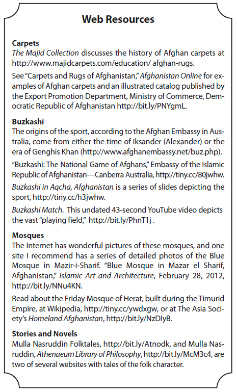 list of web resources: carpets, buzkashi, mosques, stories and novels