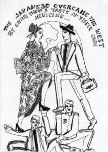 illustration of a man and a woman in a kimono step on two men, with the words "the japanese overcame the west by giving them a taste of their own medicine"