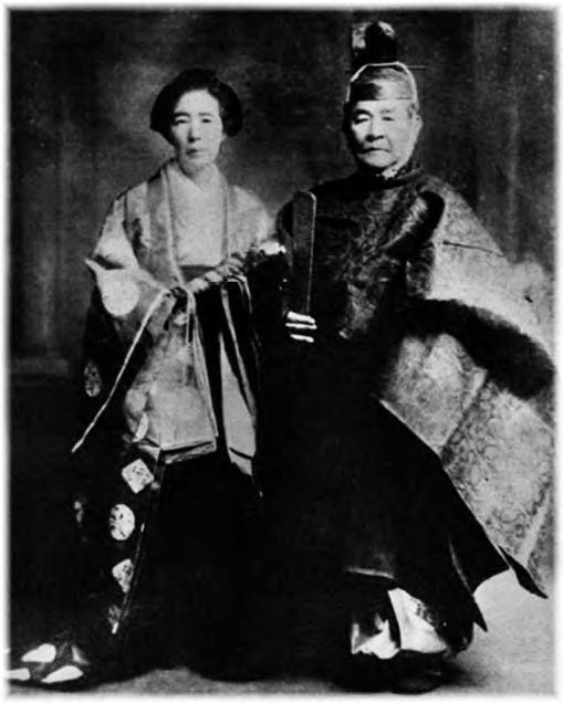 Shibusawa Eiichi with his wife the Baroness Shibusawa Kaneko. Both are wearing traditional Japanese kimonos. 