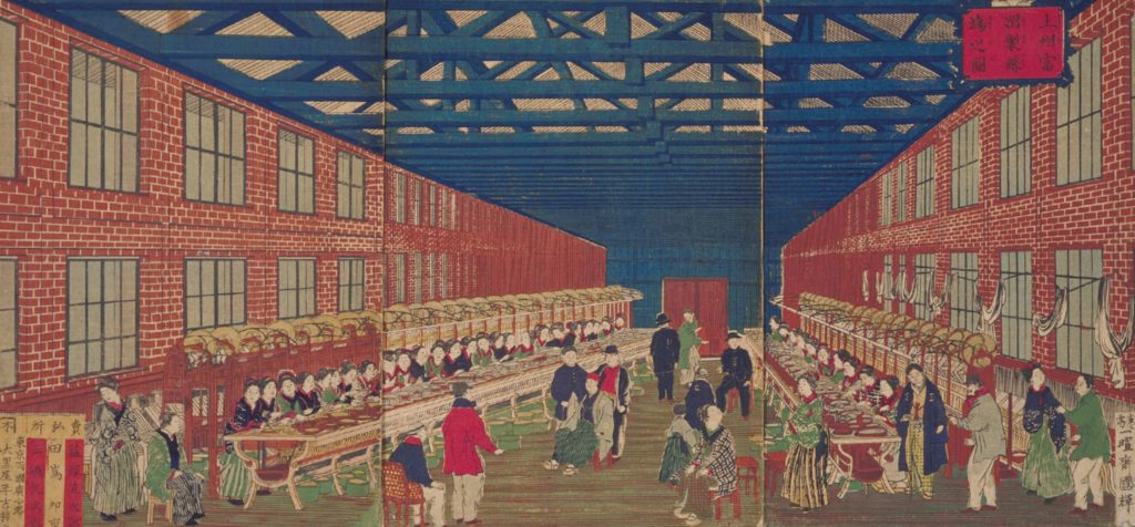 illustration of people working at long tables