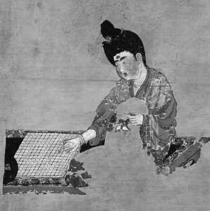 painting of a woman in elaborate robes playing a board game