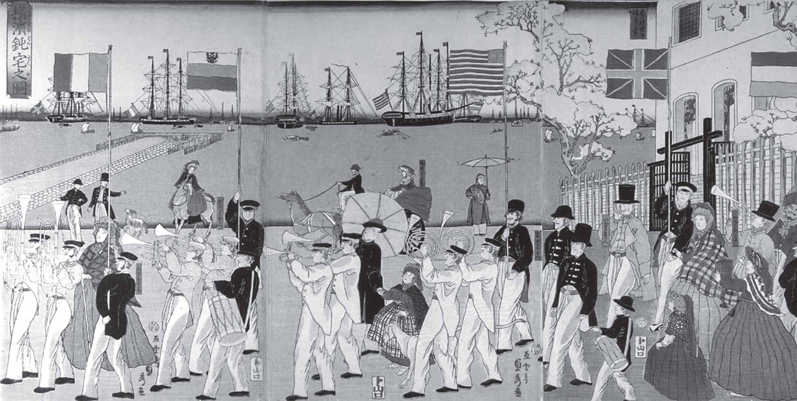 illustration of people in various garb playing instruments and walking past the waterfront and ports